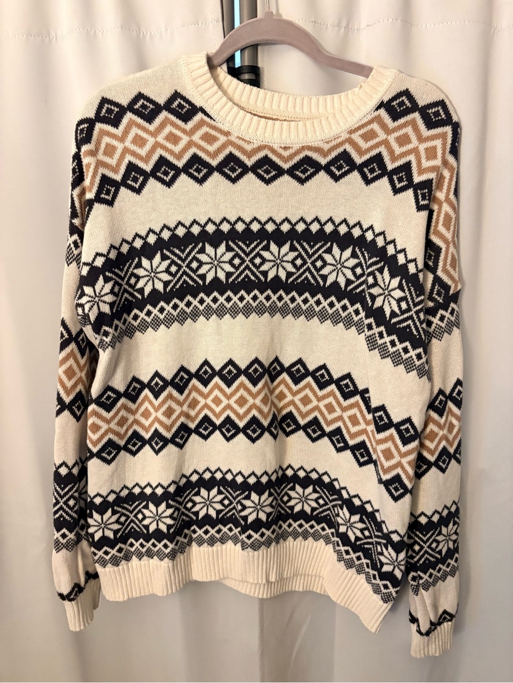 Hollister Cream Fair Isle Knit Sweater with Black & Tan Pattern